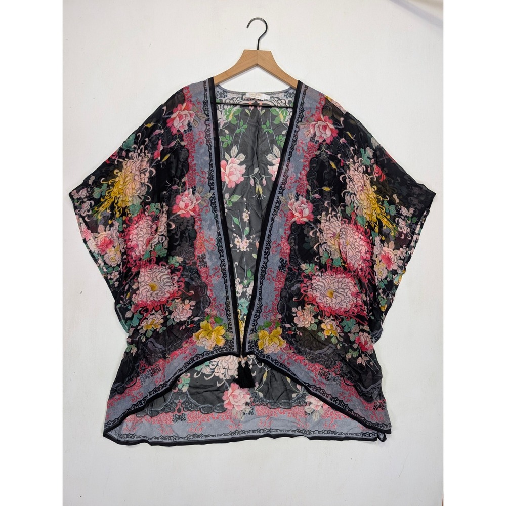 Johnny Was Silk Floral Kimono Cardigan Wrap Tassel Black X